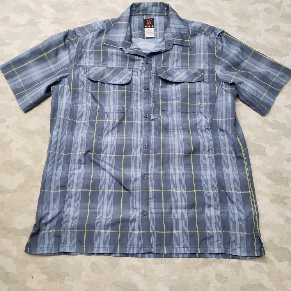 Killik Shirt Mens XL Blue Plaid Hiking Fishing Outdoor Short Sleeve Button-Up